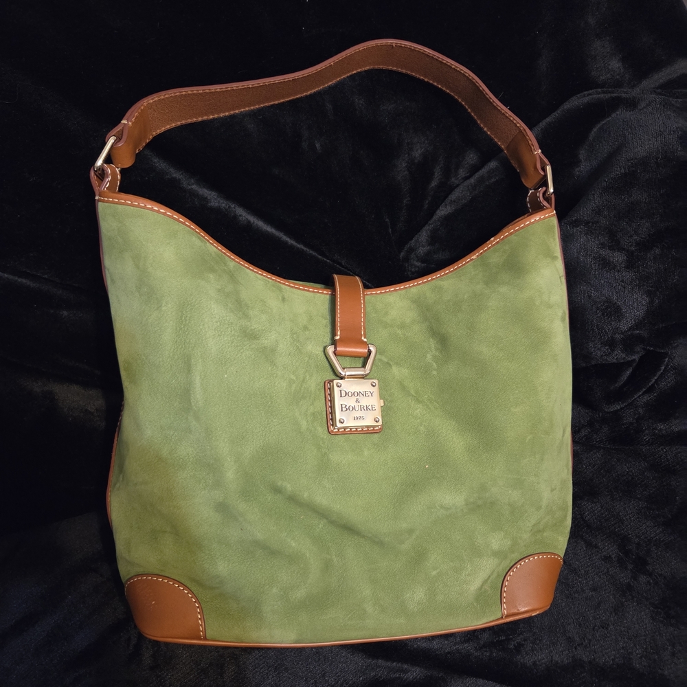 Dooney & Bourke Olive Green Suede Shoulder Bag with Tan Trim